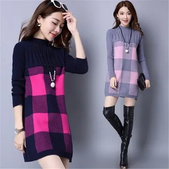2020 Nye Efterår og Vinter Sweater Kjole Kvinders Pullover Mid-længde Kjole Kvindelige Lange ærmer Strikket Kjoler Plus Size A435