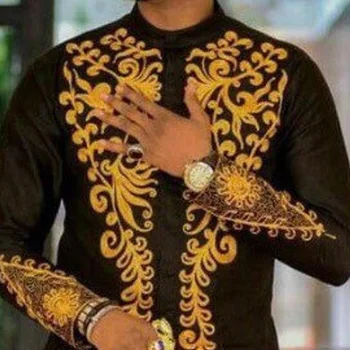 Muslimske Mænd Shirt Slank O Hals Farve Blok Lange Ærmer Print Mid-Længde Shirt Til Mænd Tøj Mode Til De Unge Afrikanske Tee 156236