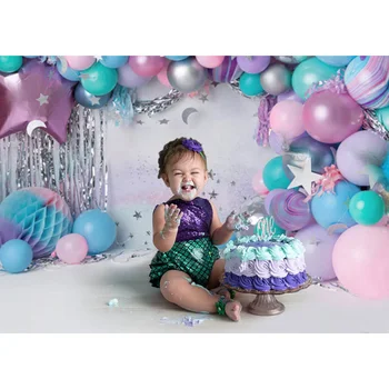 Rainbow Balloner Væggen Cake Smash Baggrund Photocall Nyfødte Børn Fødselsdag Portræt Baggrund Sølv Stjerner Fotografering Rekvisitter