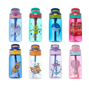 Plast 480ml Vand Flasker Kreative Cartoon Kids Vand Sippy Kop Vand Flaske med Med Sugerør Tætte Bærbare Rejse Cup