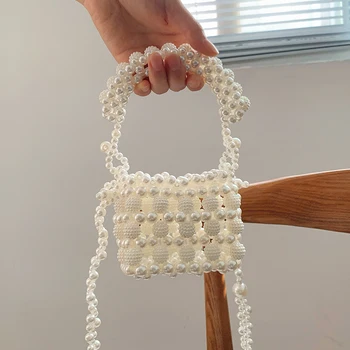 Designer Pearl Beaded Kvinders Mini Håndlavet Tote Taske Bryllup Aften Kobling Taske til Brude Luksus Elegant Party Taske