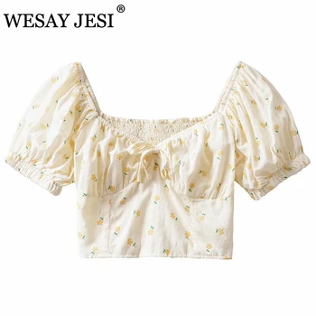 WESAY JESI Kvinder Bluse med Korte Ærmer Vintage Blomster Shirt V-Neck Streetwear Stil Bluse Gul Bue Bomuld Tilbage Elastiske Skjorte 160602
