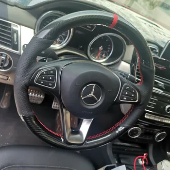 5D Carbon Fiber & Sort Ruskind Læder Rat Red Sy på Wrap Dækning Passer Til Mercedes-Benz W176 A180 A200 B180 B200