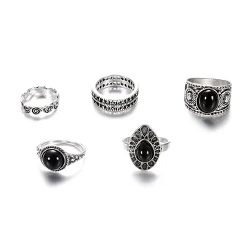 5 Stk/sæt koreansk Mode Ring Smykker 2021 Tendens Retro Uregelmæssigt Mønster Sort Perle Boho Ringe Til Kvinder Grunge Smykker Engros 162134