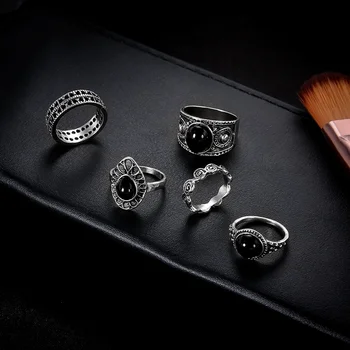 5 Stk/sæt koreansk Mode Ring Smykker 2021 Tendens Retro Uregelmæssigt Mønster Sort Perle Boho Ringe Til Kvinder Grunge Smykker Engros