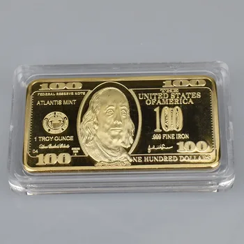 Forgyldt Dollars Erindringsmønter USD 100 Dollar Guldbarrer 24k Guld Bar Metal Mønt Gyldne Stænger Guld bullion Antikke Samling 16277