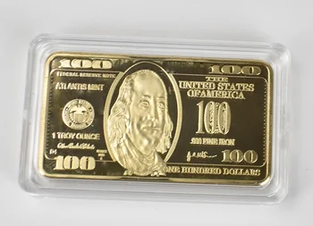 Forgyldt Dollars Erindringsmønter USD 100 Dollar Guldbarrer 24k Guld Bar Metal Mønt Gyldne Stænger Guld bullion Antikke Samling