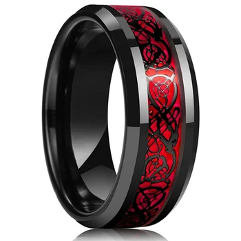 Mode 8mm Rød Tungsten Bryllup Band Sort Tungsten Ring For Mænd Retro Keltiske Drage Indlæg Red Carbon Fiber Ring 164809