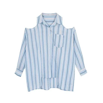 QWEEK Stribet t-Shirt for Kvinder langærmet Top Fra Skulder Bluse koreansk Stil Forår Sommer 2021 Mode Hvid Knap-Up Skjorte 165199