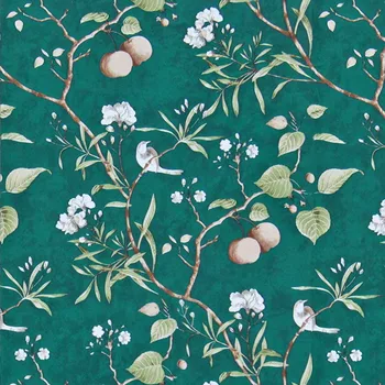 HaoHome Peach Tree Skræl og Stick Tapet Grøn Baggrund Moderne Blomst & Bird Vandtæt Aftageligt Selvklæbende Tapet Ba 168364