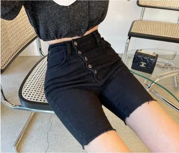 Høj talje skrå breasted tynde slank stretch short jeans 2021 sommeren koreansk mode tøj til kvinder 168377