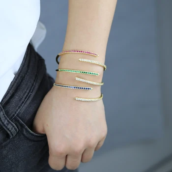 Kobber forgyldt farve Krystal Kæde Armbånd åbne justerbar størrelse blå grøn blå CZ Armbånd Til Kvinder 2021 Smykker