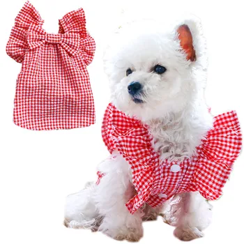 Søde Plaid Hund Tøj Flyvende Ærme Dog Shirt Med Stor Sløjfeknude Kat Sweatshirt Vest Kjole Til Små Hunde Chihuahua Kæledyr Tøj 171653