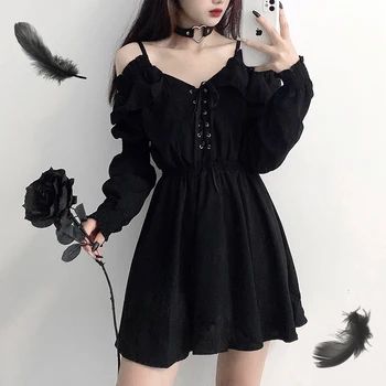 Kvinder kjole demon girl original sort forår og efterår 2021 sexet høj talje femme kjole skulder lange ærmer gotisk kjole