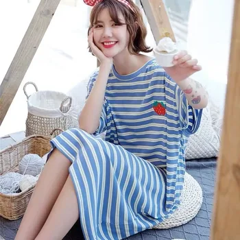 Kvinder Nightgowns Stribet Sleepshirts Løs Afslappet Sommer Homewear Kawaii Nattøj koreansk Stil Ulzzang Plus Størrelse 6XL Nattøj 173364