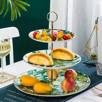 3-Tier Luksus Porcelæn Frugt Dessert Kage Plader Europa Køkken Party Bryllup Opbevaring Bakke Dekorative Middag Fad Tallerken