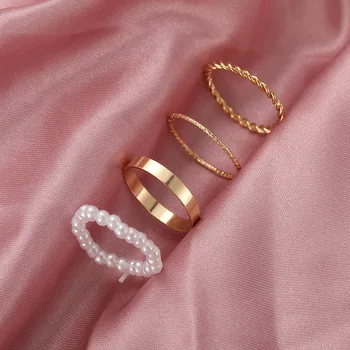 4stk/Set Koren Style Elegant Perle Ringe til Kvinder 2021 Tendens Personlighed Geometriske Finger Ringe Sæt Mode Bryllup Smykker 175119