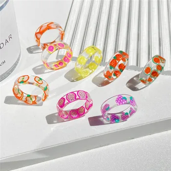 Koreanske Piger DIY Håndlavet Gennemsigtig Harpiks Ringe til Kvinder Geometrisk Runde Citron Jordbær Ring Smykker Part Gaver Ny