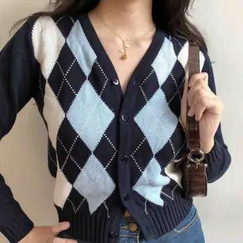 Kvinder Sweater Cardigan Geometri Mønster med Lange Ærmer England-Stil Sweater Top Kvinder Tøj Strikket Sweater 2020 Efterår, Vinter 176276