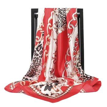 Mode Silke Tørklæder til Kvinder Leopard Kæde Print Satin Tørklæde Kvindelige 90x90cm Firkantet Tørklæde Sjal Wraps Bandana om Hovedet Hijab 177557