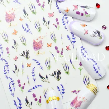 1sheet Lavendel Nail Art Water Decals Blomstre Flower Nail Stickers Tørret Blomst Nail Art Selvklæbende 3D Klistermærker