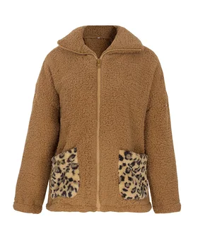Afslappet Vinter Frakke Kvinder Varm Solid Langærmet Revers Bamse Pels Jakker 2021 Mode Lady Lynlås Leopard Lomme Lækkert Overtøj