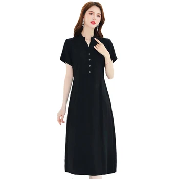 2021 Sommerkjole Kvinder Lang Sundress Damer Solid Knap Lommer Vintage Elegante Kortærmet Shirt Kjoler 17931