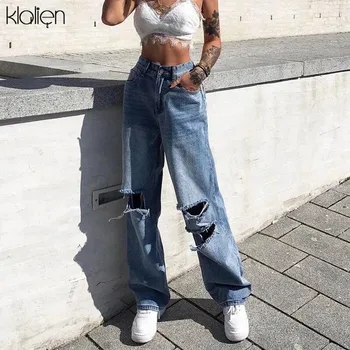 KLALIEN Foråret Efteråret Harajuku Hule Denim Bukser Dame 2021 Hot Ren Fritid Løs Slim Flare Pants Mujer Hip hop Jeans 180714