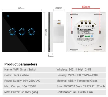 Tuya/Ewelink APP 3 Bande 2-Vejs Intelligente Trådløse Wifi Touch Væggen Smart Switch Timer-Funktionen Alexa stemmestyring Google Startside