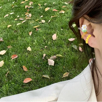 3PCS/SET 2021 Forår Sommer Candy Farve Gennemsigtig Akryl Harpiks Ear Cuff For Kvinder Blomst Geometriske Beaded Øre Ben Øreringe 183106