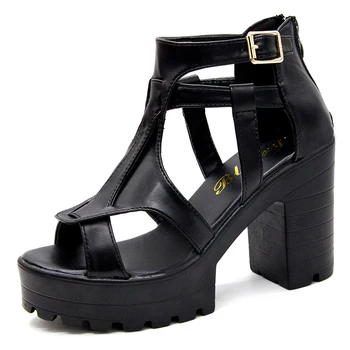 Gothic hæle sommeren høje hæle sandaler kvinder sort platform tykke hæle 2021 åben tå ankel rem spænde pumper platform hæle