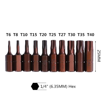 10stk/masse 25mm Torx Skruetrækker til Bits Med Hul Magnetiske Sæt T20 T25 T6-T40 1/4 