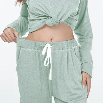 Casual Daily Women Solid Tracksuit Long Sleeve Round Collar Tops And Long Pants Two Pieces Sets For Women Homewear Sleepwear 186086