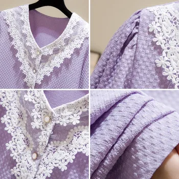 Nkandby Plus Size Sommeren Kvinder Shirts Mode Lace Trim V-hals, Korte Ærmer Bluser Enkelt Breasted Romantisk Blusas Oversize Top 187108