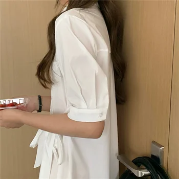 SuperAen 2021 Koreanske Mode Top Kvinde, Hvide Skjorter, Casual Asymmetrisk Mode Hvid Blå Kortærmet Kontor Dame Bluser 188930