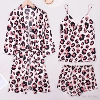 Kvinder Sommeren Silke Satin Pyjamas Sæt Trykt 3 Stykker Sove Toppe Plus Size Sexet Kimono Kvindelige Casual Korte Ærmer Par Pijamas 190545