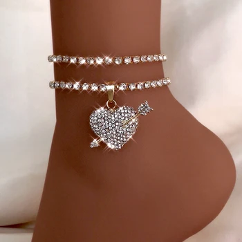 Flatfoosie 2Pcs/Set-Mode, Kærlighed Hjerte Crystal Fodlænker for Kvinder Bling Rhinestone Ankel Armbånd 2021 Sandaler Fod Kæde Smykker 192043