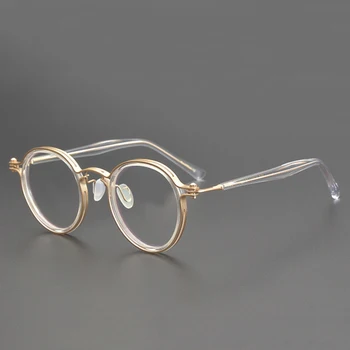 Japan Brand Design Håndlavet Man Retro Titanium Optiske Briller Kvinder Vintage Acetat Leopard Rund Ramme Recept Briller 192744