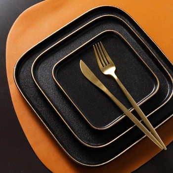 Europæiske kreative enkel sort mat keramisk firkantet plade med guld rim hjem bøf plade vestlige tallerken dessert tallerken service