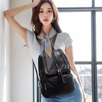 2020 Kvinders Ægte læder rygsæk, skoletaske klassisk sort vandtæt, travel multi-funktion Skulder taske