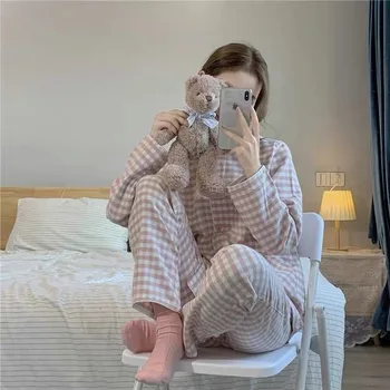 4 Farver Pyjamas Sæt Kvinder Geometriske Koreansk Stil, Smarte Trendy Populære College Studerende Forår Fritid Kvinde Tøj Teens Pige