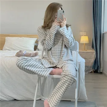 4 Farver Pyjamas Sæt Kvinder Geometriske Koreansk Stil, Smarte Trendy Populære College Studerende Forår Fritid Kvinde Tøj Teens Pige