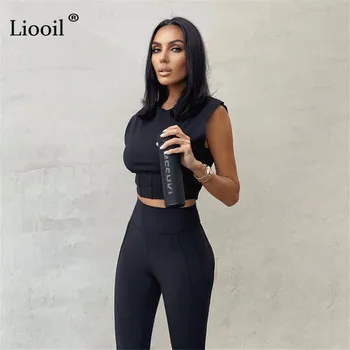 Liooil To delt Sæt Patchwork Kort Tank Tops og Tynde Bukser, Ærmeløs O Hals Streetwear Tøj til Kvinder, der Passer Sæt Sommer 2021