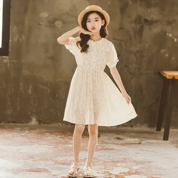 2021 Sommer Piger Dress Tøj Piger Prinsesse Kjole Koreanske Blomster Peter Pan Krave Kjoler Elegant Party Chic Dress 4 Til 12 År