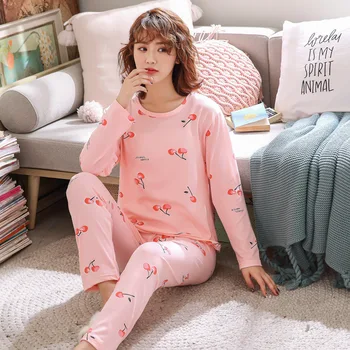 2021 Vinter Søvn Lounge Pyjamas Med Lange Ærmer Top + Lange Bukser Kvinde Pyjamas Sæt Tegnefilm Pyjamas Bomuld Nattøj For Kvinder