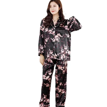 411c-1Ice silke pyjamas kvinder er forår og efterår lange ærmer, der passer trykt hjem bære to-delt i stor størrelse nattøj 2056