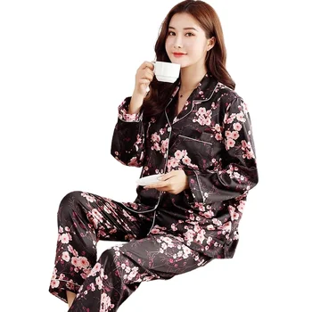 411c-1Ice silke pyjamas kvinder er forår og efterår lange ærmer, der passer trykt hjem bære to-delt i stor størrelse nattøj