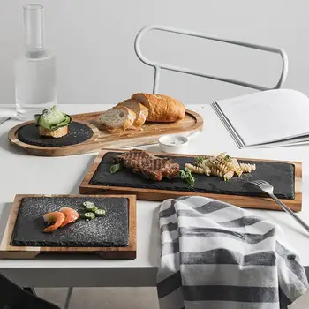 I Japansk Stil Med Træ-Bakke Morgenmad Brød Bøf Sushi Vestlige Fødevarer Plade Massivt Træ Bakke Pizza Skifer Plade Grill 20674
