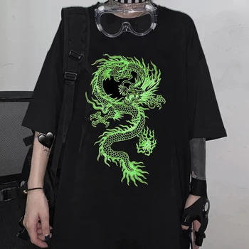 Løs Tshirt Harajuku Sommeren Vintage Cool Unisex Kinesiske Drage Print Oversize Kort Ærme Plus Size Casual Streetwear T-shirt