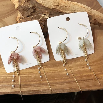 Nye Trendy Acryl-Blomst Lang Kvast Hoop Øreringe Metal Kæde Simuleret Perle For Kvinder Erklæring Planter Øreringe Smykker 2170